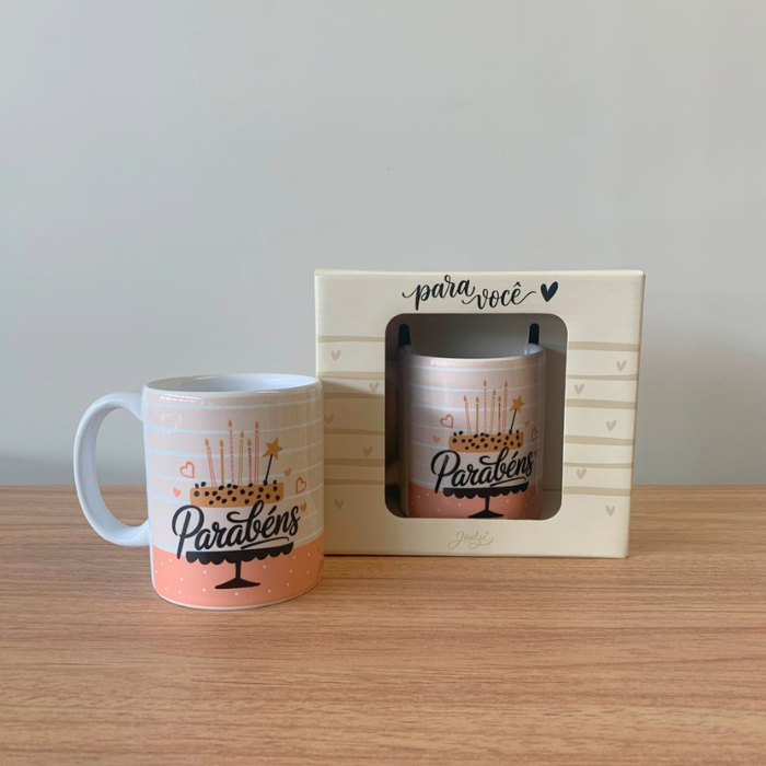 Caneca Cerâmica 300ml "Parabéns" – Presente Criativo de Aniversário para Aniversariante | CA875
