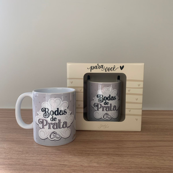 Caneca Cerâmica 300ml Bodas de Prata – Presente para Casal, Casamento e Comemoração | CA388