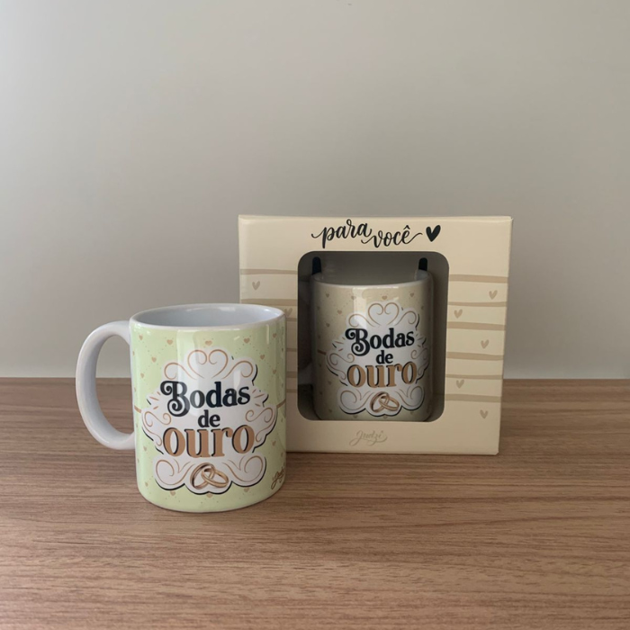 Caneca Cerâmica 300ml Bodas de Ouro – Presente para Casal, Casamento e Comemoração | CA390
