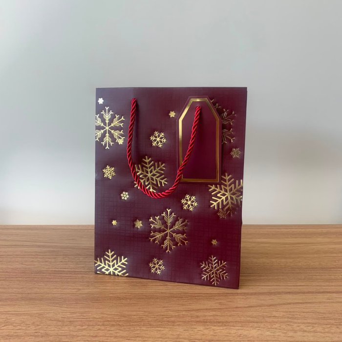 Sacola para Presente de Papel Neve Natal Bordo com Hot Stamping– Kit com 3 Unidades