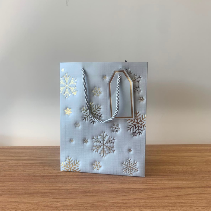 Sacola para Presente de Papel Neve Natal Prata com Hot Stamping – Kit com 3 Unidades
