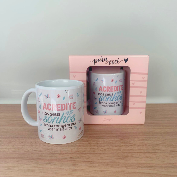 Caneca Cerâmica 300ml com Caixa Presente "Acredite nos Seus Sonhos" – Presente Motivacional Inspirador | CA809