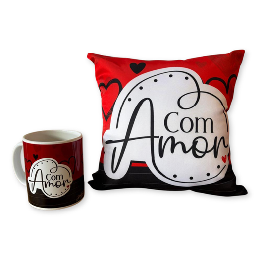 Caneca + Almofada quadrada - Com amor - KIT 246