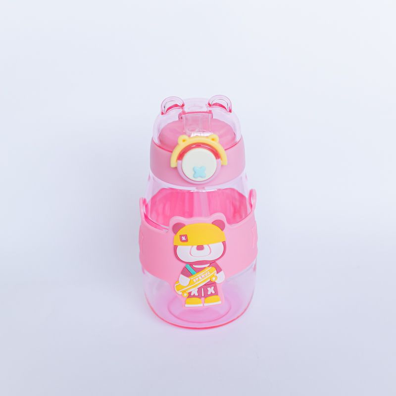 Squeeze Acrílica Infantil Ursinho Rosa 550ml com Alça – Garrafinha Escolar Infantil Resistente para Crianças
