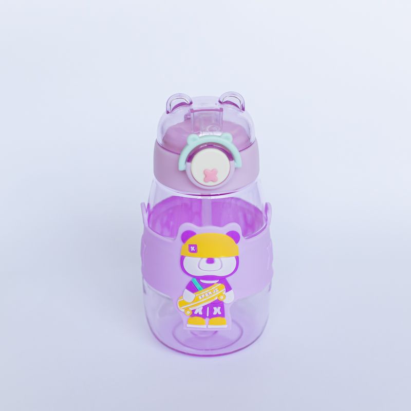 Squeeze Acrílica Infantil Ursinho Lilás 550ml com Alça – Garrafinha Escolar Infantil Resistente para Crianças