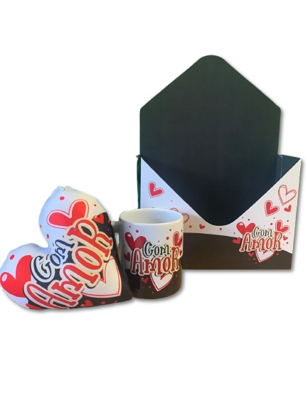 Kit Presente Com Amor com Caixa Envelope, Caneca 300ml e Almofada Coração | KITCE670