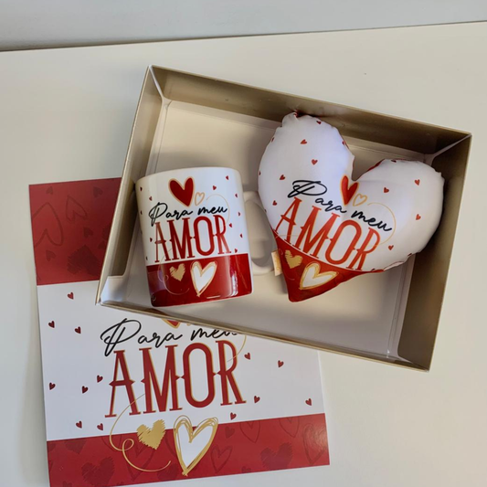 Caixa presente + Caneca + Almofada mini coração- Para meu amor - Combo - KITCXC734