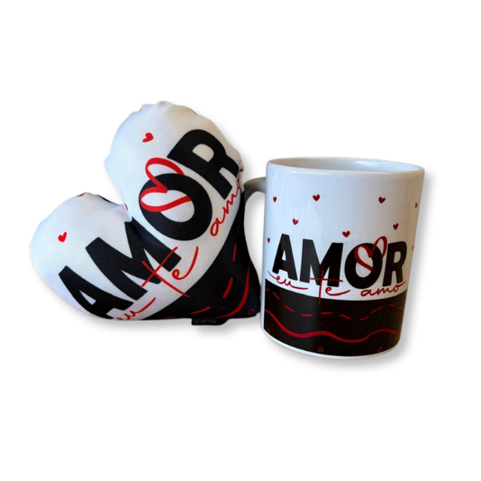 Caneca + Almofada mini coração - Amor eu te amo - KITCM665A
