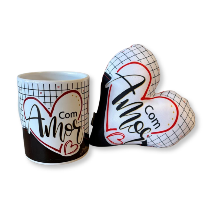 Caneca + Almofada mini coração - Com amor - KITCM735