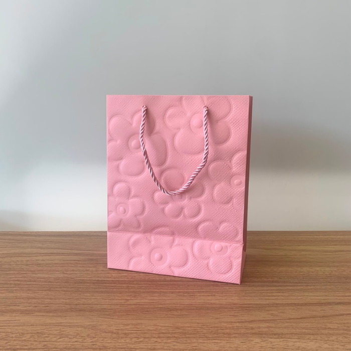 Sacola para Presente de Papel Flor Rosa com Hot Stamping  – Kit com 3 Unidades