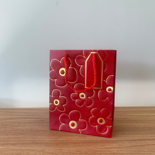 Sacola para Presente de Papel Flor Vermelho com Hot Stamping – Kit com 3 Unidades
