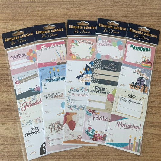 Etiqueta de/para aniversário - cartela com 8 unidades | 50 cartelas