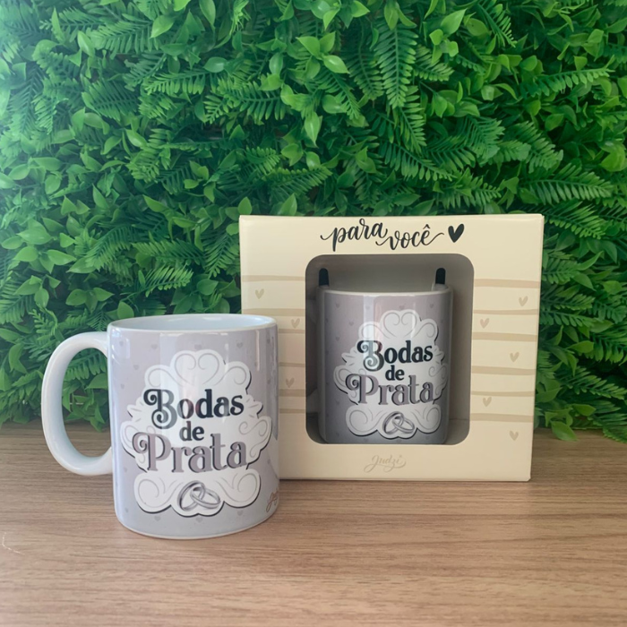 Caneca Cerâmica 300 Ml - Bodas De Prata - Ca388