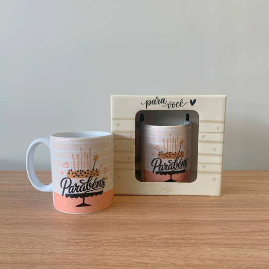 Caneca Cerâmica 300ml "Parabéns" – Presente Criativo de Aniversário para Aniversariante | CA875
