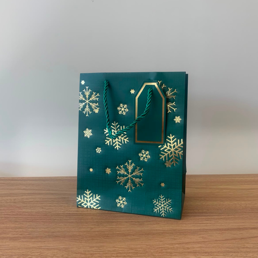 Sacola para Presente de Papel Neve Natal Verde com Hot Stamping  – Kit com 3 Unidades