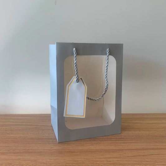 Sacola para Presente Pequena Prata com Frente Transparente  – Kit com 3 Unidades