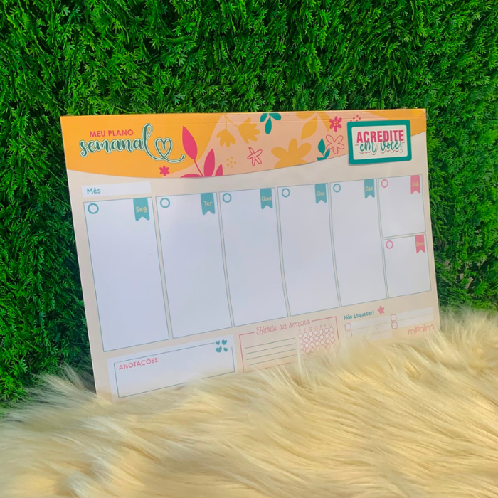 Planner de mesa semanal + Bloco de anotações - Acredite em você