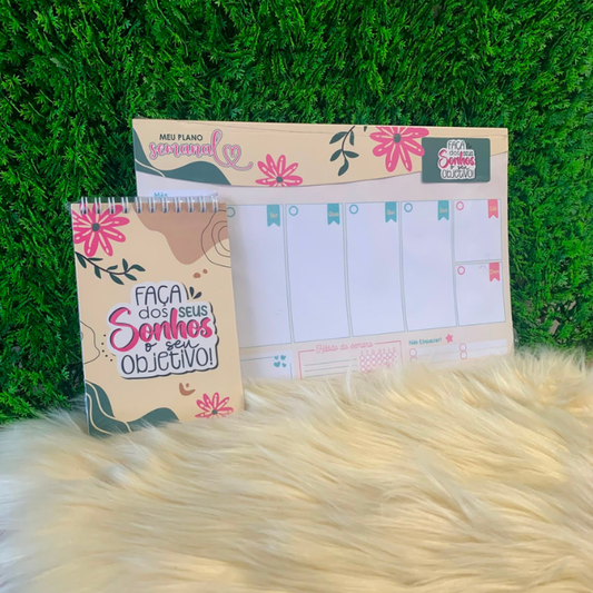 Planner de mesa semanal + Bloco de anotações - Faça dos seus sonhos o seu objetivo
