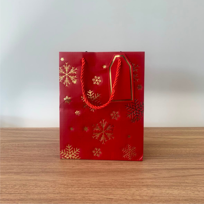 Sacola para Presente de Papel Neve Natal Vermelha com Hot Stamping – Kit com 3 Unidades