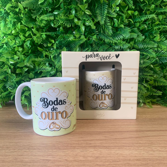 Caneca Cerâmica 300 Ml - Bodas De Ouro - Ca390