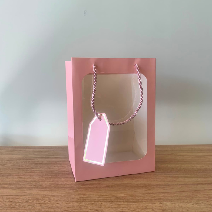 Sacola para Presente Pequena Rosa com Frente Transparente – Kit com 3 Unidades