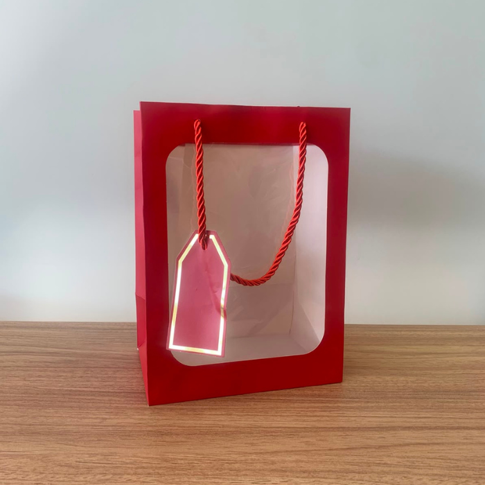 Sacola para Presente Pequena Vermelha com Frente Transparente – Kit com 3 Unidades