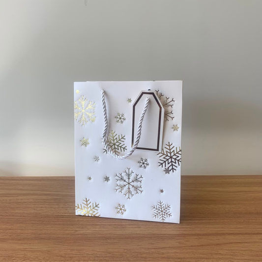 Sacola para Presente de Papel Neve Natal Branco com Hot Stamping – Kit com 3 Unidades
