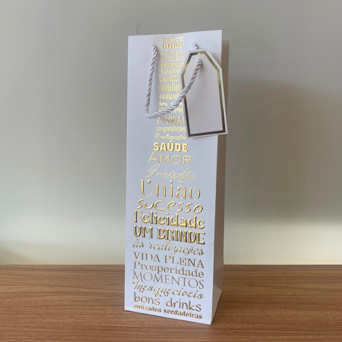 Sacola para Presente e Vinho de Papel Branco com Hot Stamping