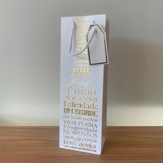 Sacola para Presente e Vinho de Papel Branco com Hot Stamping