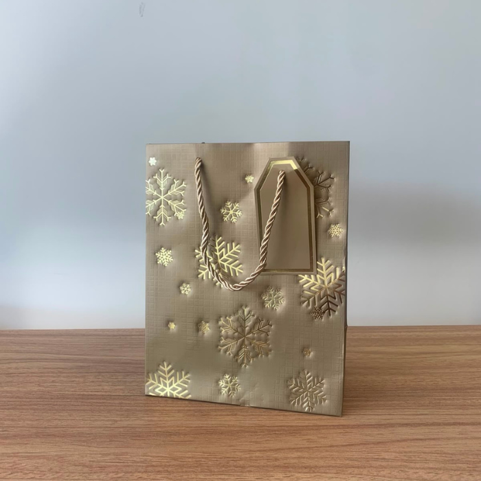 Sacola para Presente de Papel Neve Natal Dourado com Hot Stamping  – Kit com 3 Unidades