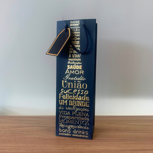 Sacola para Presente e Vinho de Papel Azul com Hot Stamping