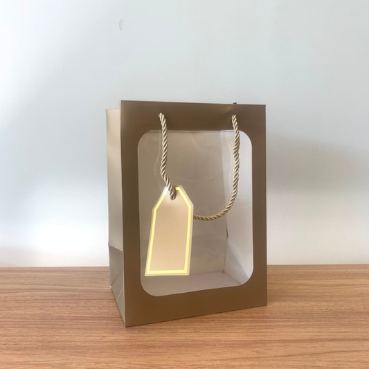 Sacola para Presente Pequena Ouro com Frente Transparente  – Kit com 3 Unidades