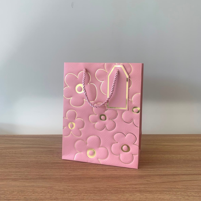 Sacola para Presente de Papel Flor Rosa com Hot Stamping  – Kit com 3 Unidades