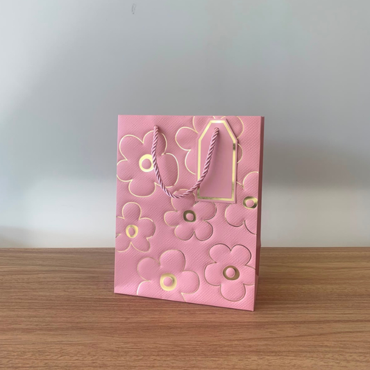 Sacola para Presente de Papel Flor Rosa com Hot Stamping  – Kit com 3 Unidades