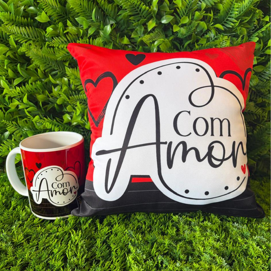 Caneca + Almofada quadrada - Com amor - KIT 246