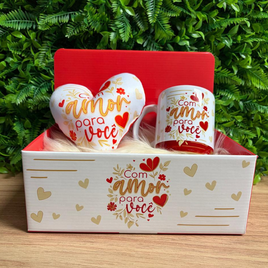 Box display + Caneca s/ caixa + Mini almofada coração - Com amor para você - COMBO737