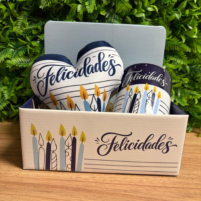 Box Display + Caneca s/ caixa + Mini almofada coração - Felicidades - COMBO877