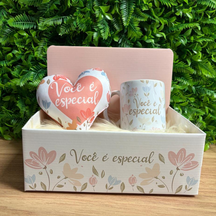 Box Display + Caneca s/ Caixa + Mini Almofada Coração - Você é especial - COMBO890