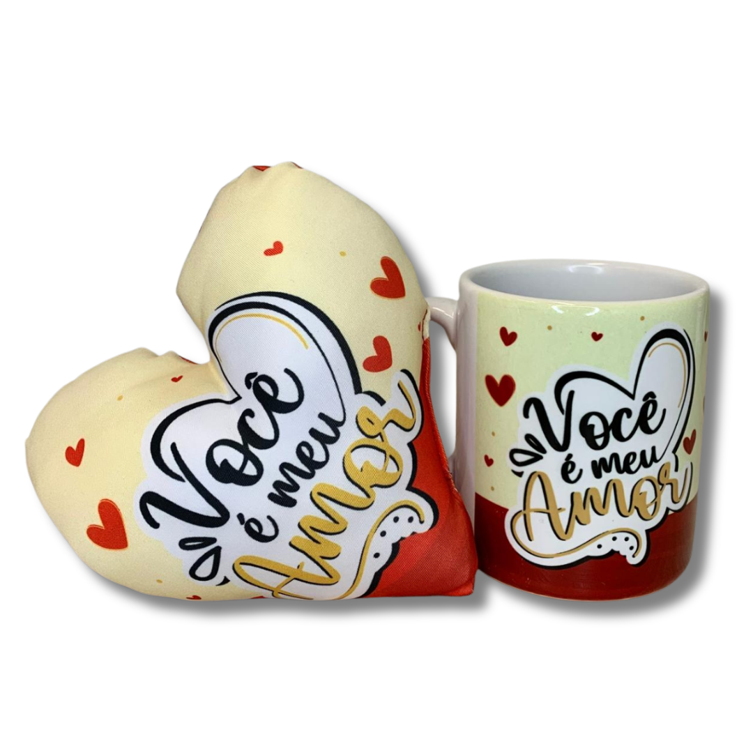 Caneca Romântica 300ml com Mini Almofada Coração Você é Meu Amor | KITCM758