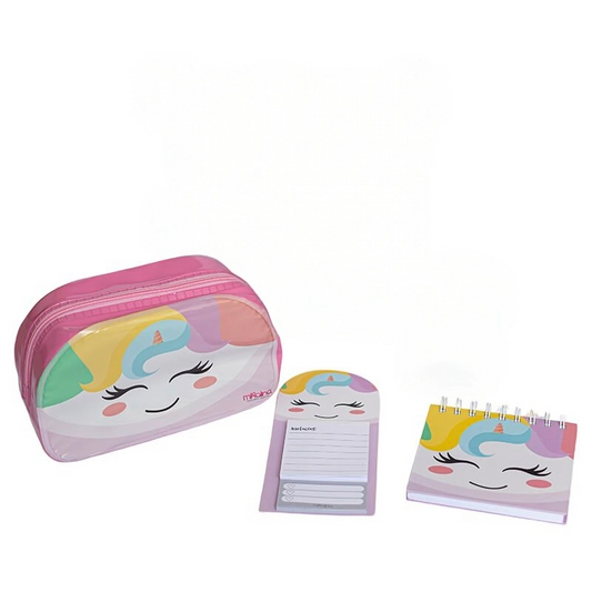 Necessaire + bloco capa dura + bloco de anotações sobreposto - unicórnio