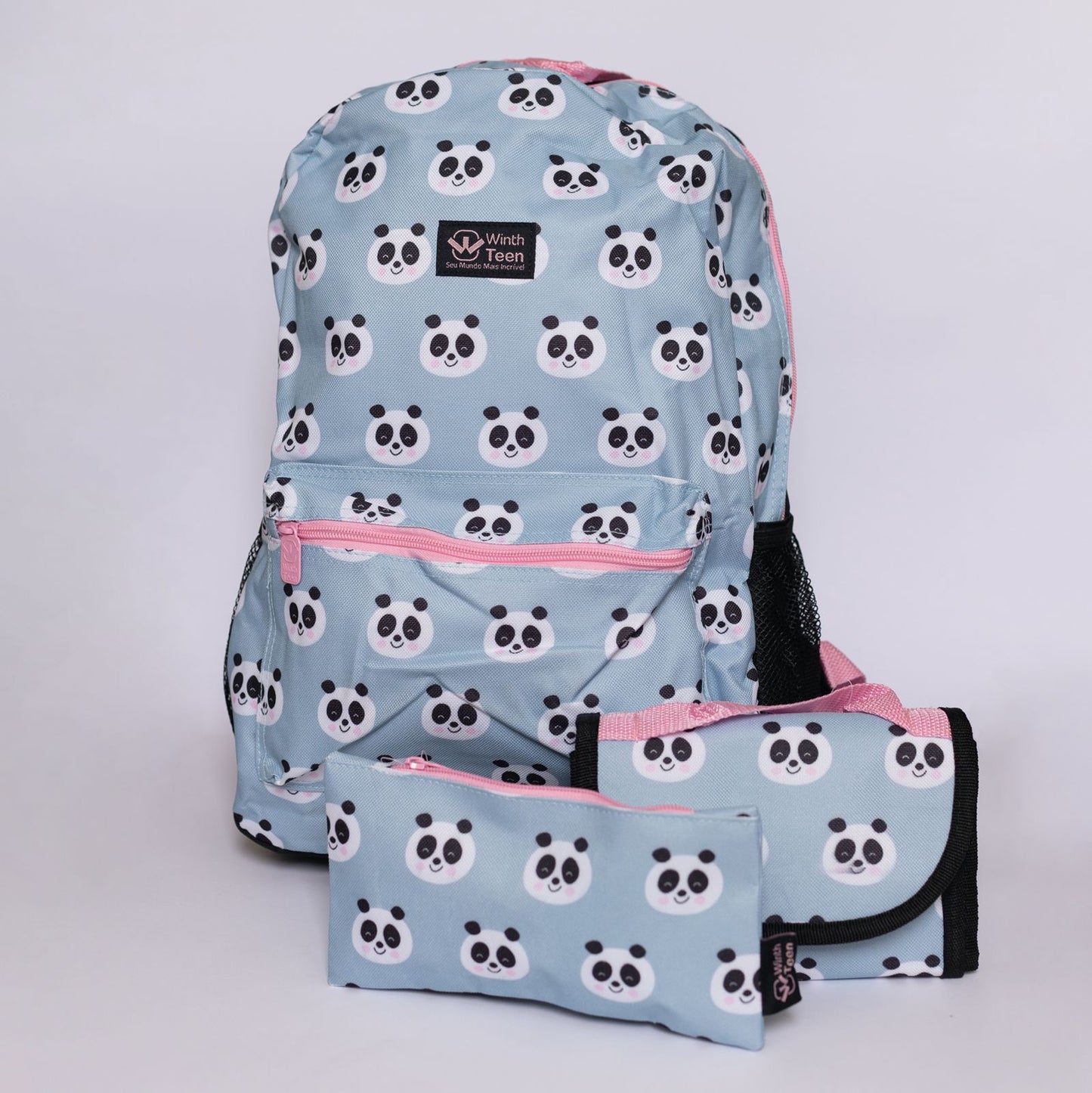 Kit Mochila Juvenil Estampada Panda com Estojo e Lancheira em Poliéster 16 Litros – Kit Escolar