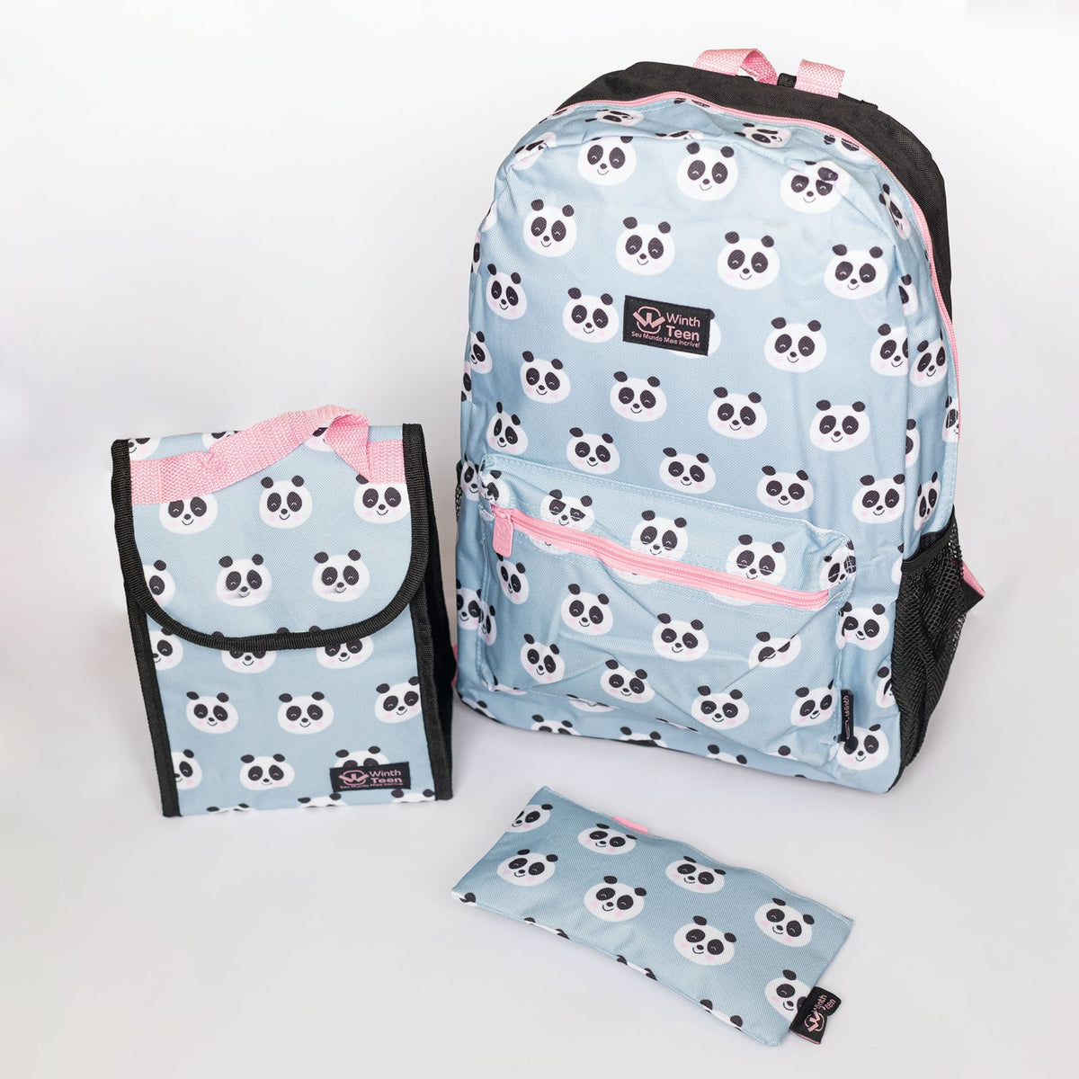 Kit Mochila Juvenil Estampada Panda com Estojo e Lancheira em Poliéster 16 Litros – Kit Escolar