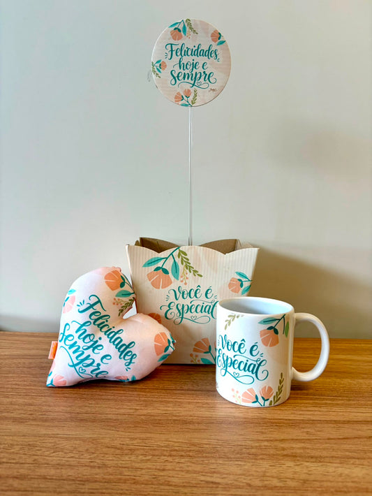 Kit Presente com Cachepô, Plaquinha, Mini Almofada e Caneca Felicidades Hoje e Sempre Você é Especial – KIT899