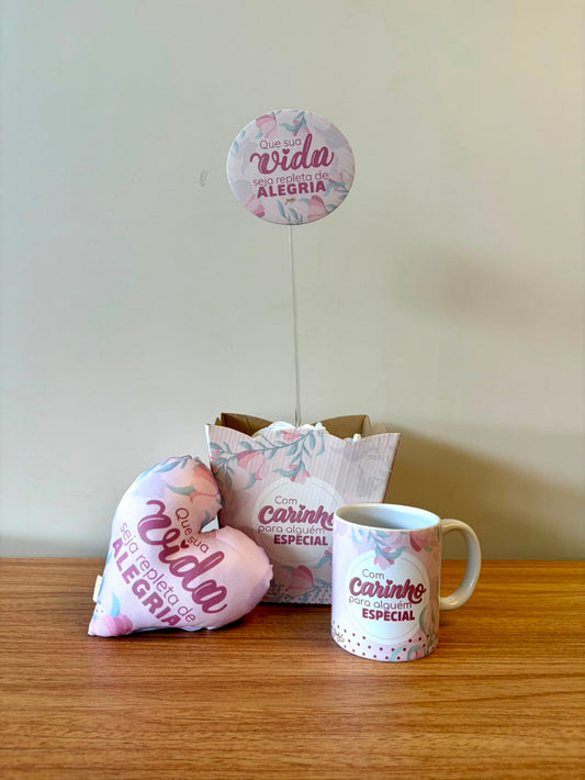 Kit Presente com Cachepô, Plaquinha, Mini Almofada e Caneca Que a Sua Vida Seja Repleta de Alegria – KIT901