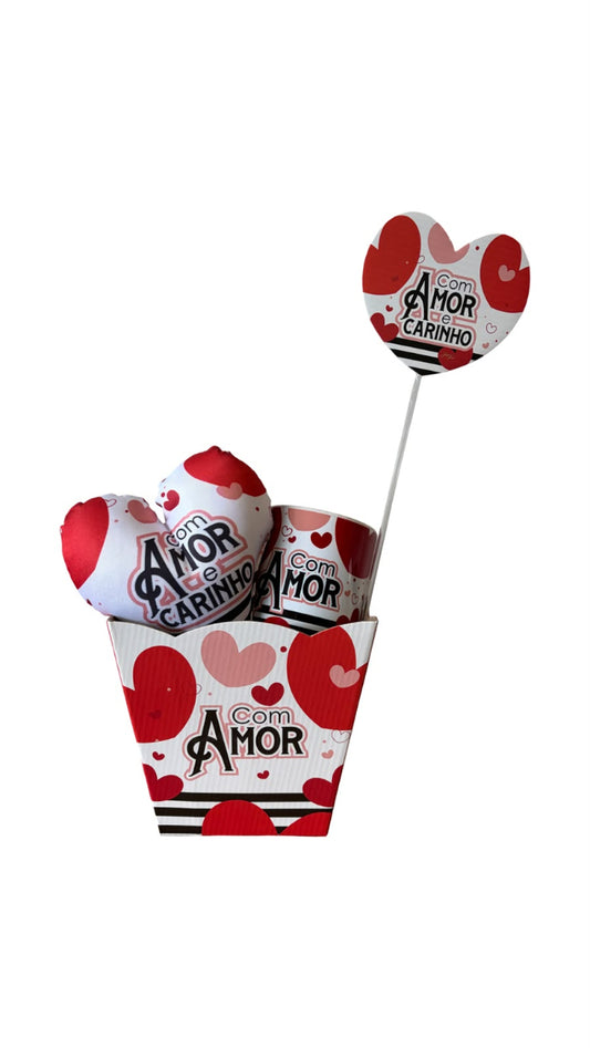 Kit Presente com Cachepô, Plaquinha, Mini Almofada e Caneca Com Amor e Carinho – KIT897