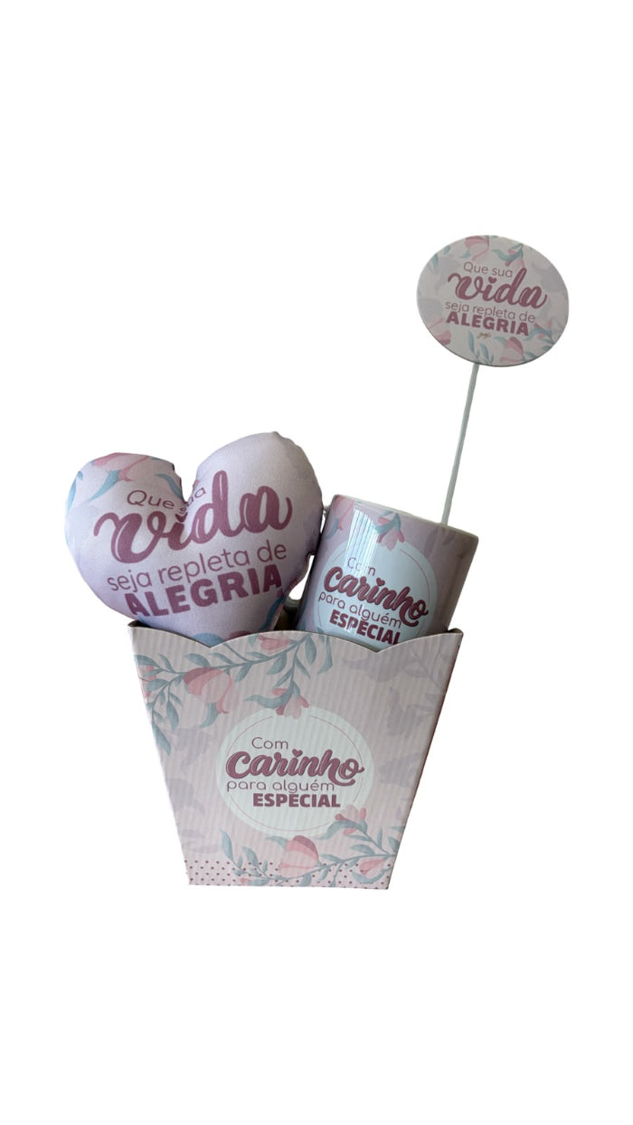 Kit Presente com Cachepô, Plaquinha, Mini Almofada e Caneca Que a Sua Vida Seja Repleta de Alegria – KIT901