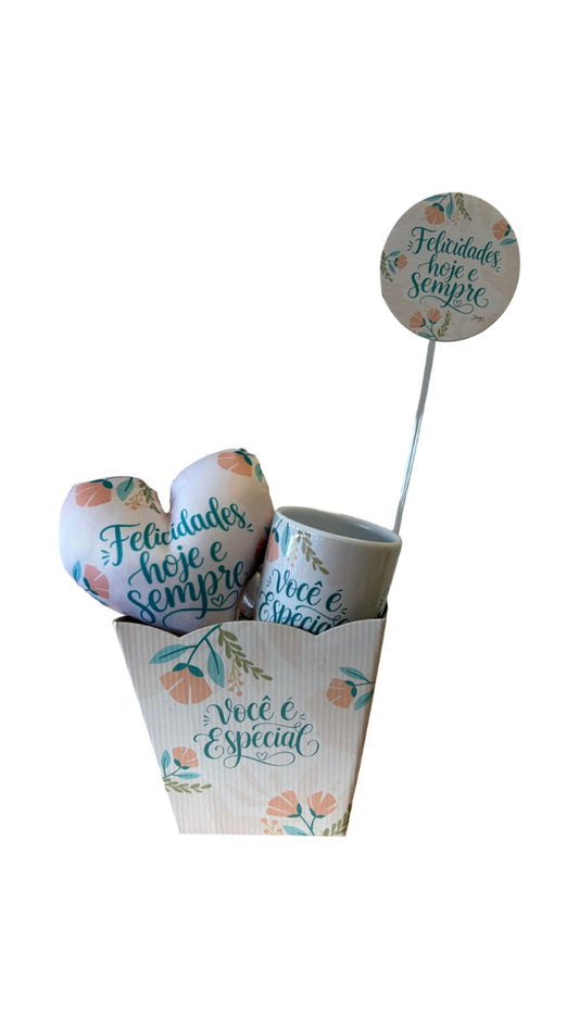 Kit Presente com Cachepô, Plaquinha, Mini Almofada e Caneca Felicidades Hoje e Sempre Você é Especial – KIT899