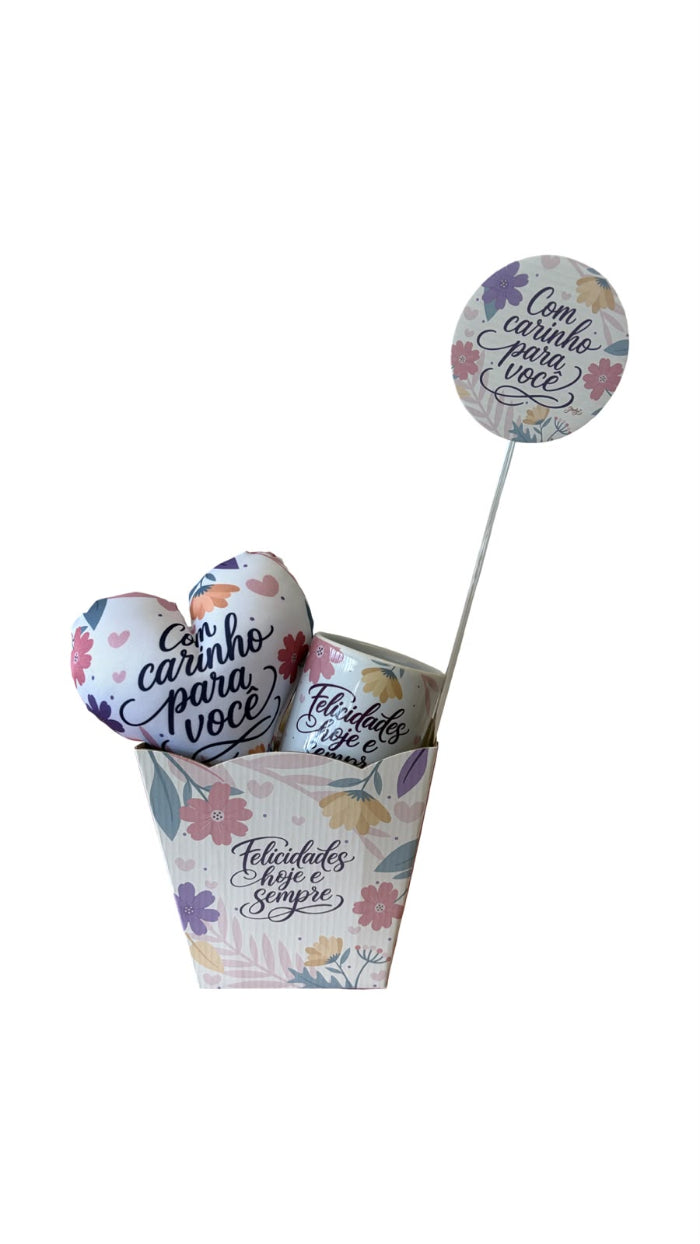 Kit Presente com Cachepô, Plaquinha, Mini Almofada e Caneca Com Carinho para Você Felicidades – KIT900