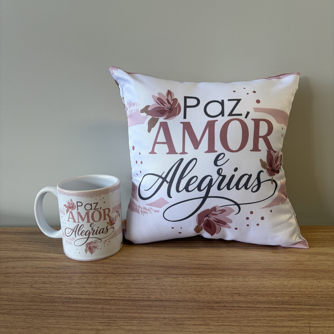 Kit almofada quadrada + Caneca- Paz, amor e alegrias - KIT885