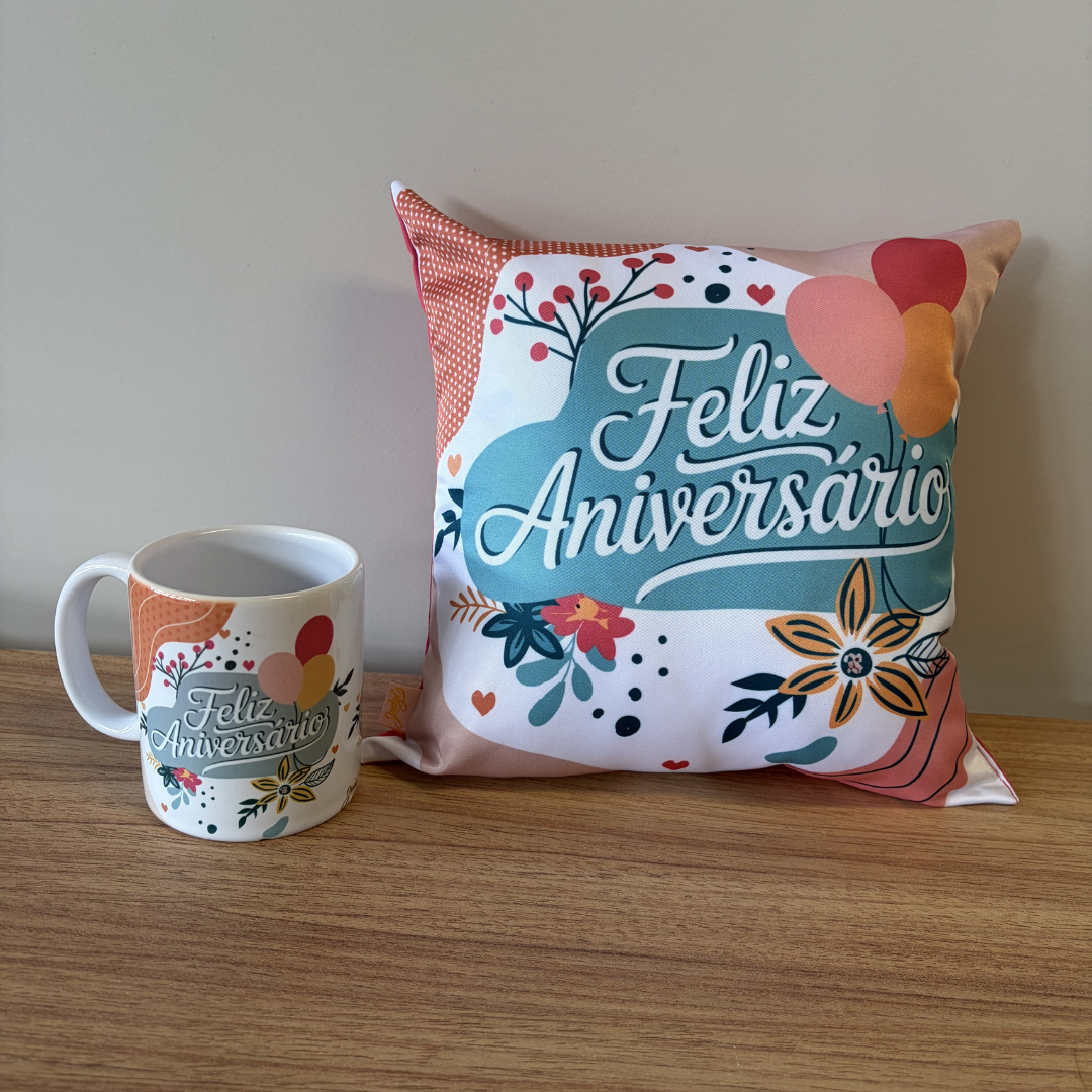 Kit almofada quadrada + Caneca - Feliz aniversário - KIT878